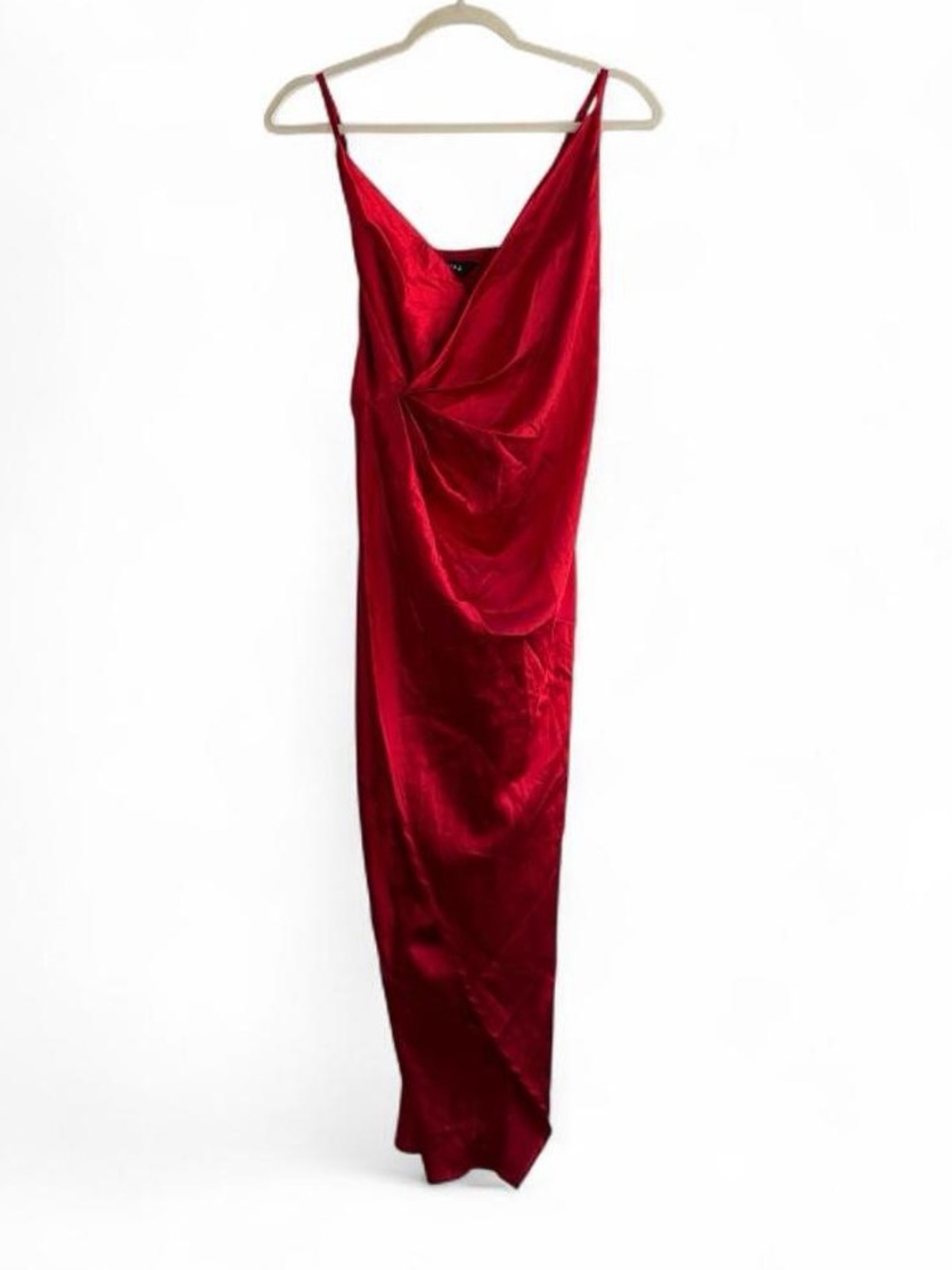 NaaNaa Red Satin Asymmetrical Ruched Midi Dress Size 8